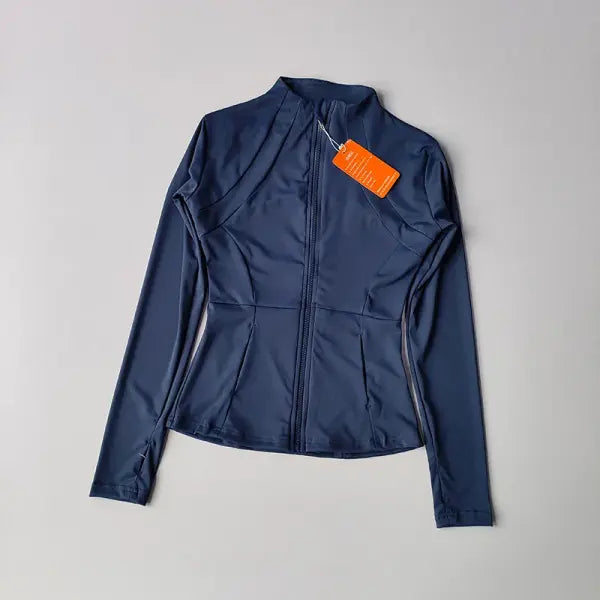 Women’s Slim-Fit Zip Sports Jacket: Long-Sleeve Yoga Cardigan & Running Fitness Top - Navy Blue / S