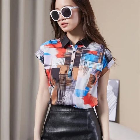 Women Spring Summer Chiffon Blouses with Casual Short Sleeves - Himpall