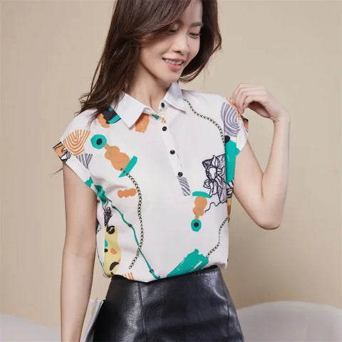 Women Spring Summer Chiffon Blouses with Casual Short Sleeves - Himpall