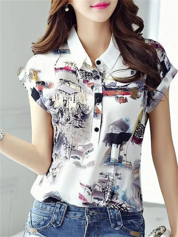 Women Spring Summer Chiffon Blouses with Casual Short Sleeves - Himpall