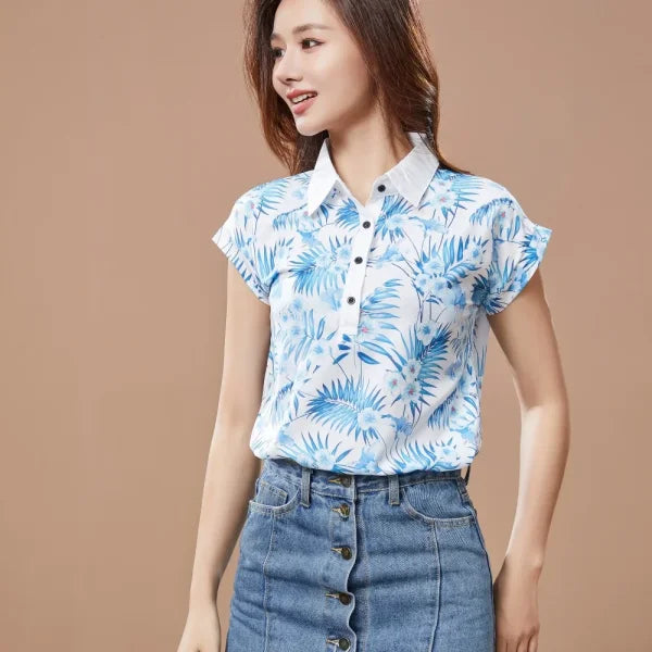 Women Spring Summer Chiffon Blouses with Casual Short Sleeves - Himpall