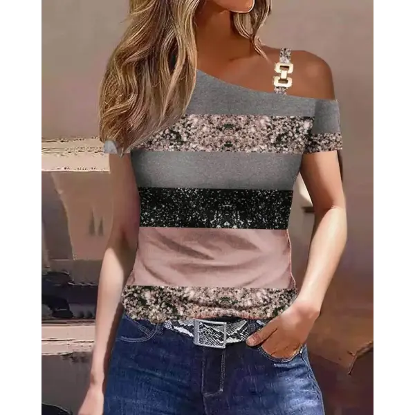 Geometric Pattern Polyester Jersey Short Sleeve Women T Shirt - Lotus root color / S