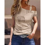 Geometric Pattern Polyester Jersey Short Sleeve Women T Shirt - Khaki / S