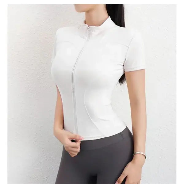 Women’s Slim Fit Yoga Top - Full Zip Stand Collar Short Sleeve Workout Shirt & Running Jacket - WHITE 1 / L