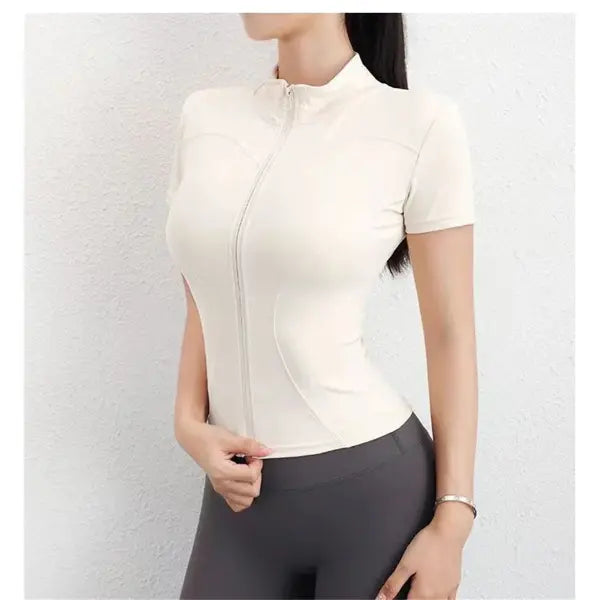 Women’s Slim Fit Yoga Top - Full Zip Stand Collar Short Sleeve Workout Shirt & Running Jacket