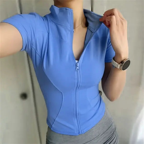 Women’s Slim Fit Yoga Top - Full Zip Stand Collar Short Sleeve Workout Shirt & Running Jacket - Blue / S