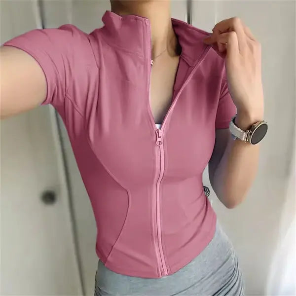 Women’s Slim Fit Yoga Top - Full Zip Stand Collar Short Sleeve Workout Shirt & Running Jacket - Pink / L