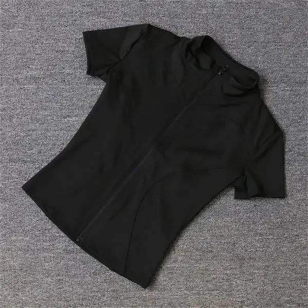 Women’s Slim Fit Yoga Top - Full Zip Stand Collar Short Sleeve Workout Shirt & Running Jacket - black / S