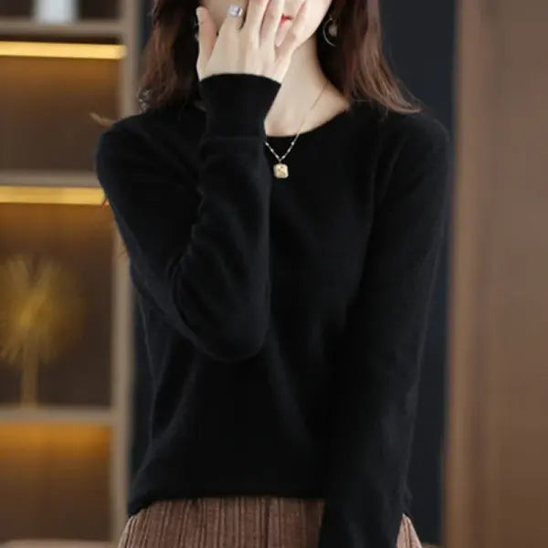 Women’s O-Neck Knit Sweater – Warm Basic Winter Pullover Long Sleeve Casual Solid Jumper - black / S