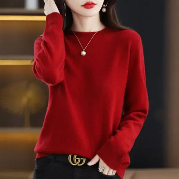Women’s O-Neck Knit Sweater – Warm Basic Winter Pullover Long Sleeve Casual Solid Jumper - Burgundy / S