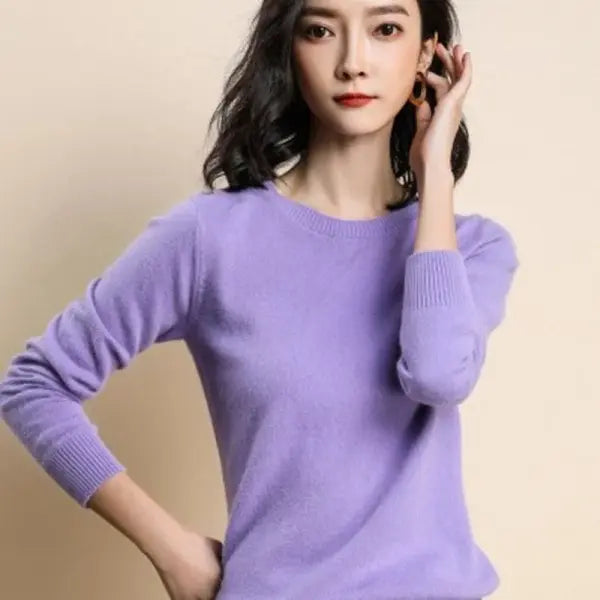 Women’s O-Neck Knit Sweater – Warm Basic Winter Pullover Long Sleeve Casual Solid Jumper - Lavender / M