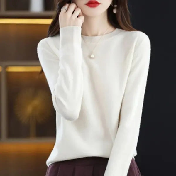 Women’s O-Neck Knit Sweater – Warm Basic Winter Pullover Long Sleeve Casual Solid Jumper - WHITE / L