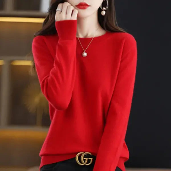 Women’s O-Neck Knit Sweater – Warm Basic Winter Pullover Long Sleeve Casual Solid Jumper - Red / XXL