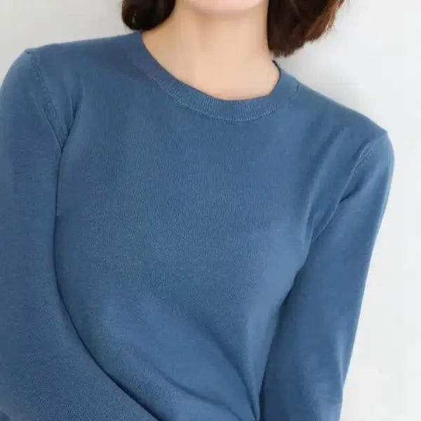 Women’s O-Neck Knit Sweater – Warm Basic Winter Pullover Long Sleeve Casual Solid Jumper - Blue / XL