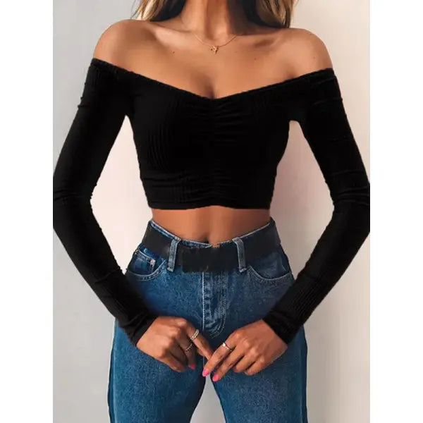 Sexy Off-Shoulder Long Sleeve T-Shirt - Women’s Club Fashion Solid Basic Tee for Autumn - L / black