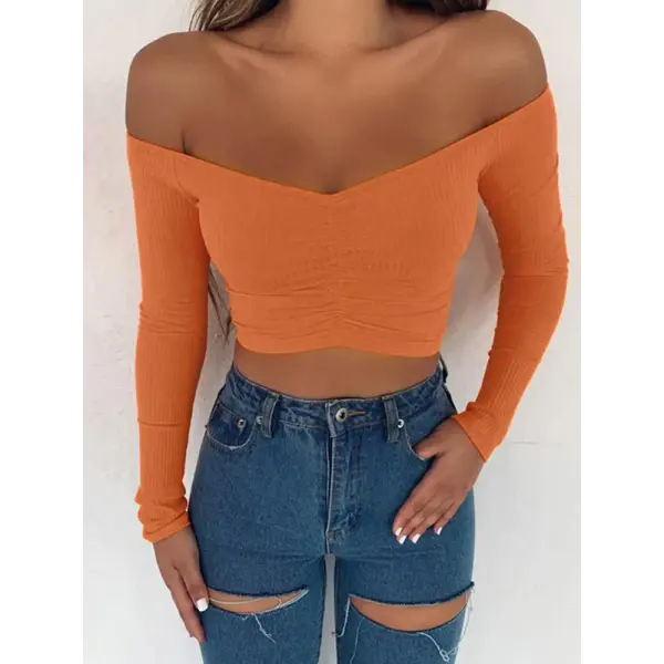 Off Shoulder Long Sleeve Club Fashion Female Knitted T-Shirt