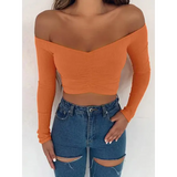 Off Shoulder Long Sleeve Club Fashion Female Knitted T-Shirt