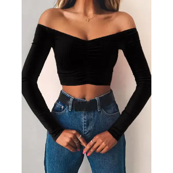Off Shoulder Long Sleeve Club Fashion Female Knitted T-Shirt