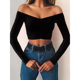 Off Shoulder Long Sleeve Club Fashion Female Knitted T-Shirt