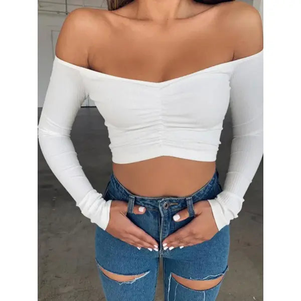 Sexy Off-Shoulder Long Sleeve T-Shirt - Women’s Club Fashion Solid Basic Tee for Autumn - L / White