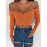 Sexy Off-Shoulder Long Sleeve T-Shirt - Women’s Club Fashion Solid Basic Tee for Autumn