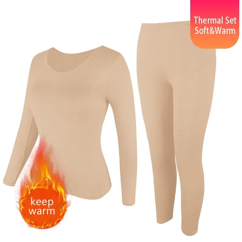 Women Thermal Underwear Set Fleece Lined Keep Warm - Beige / S / China Mainland