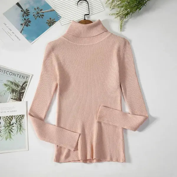 Women’s Turtleneck Knit Sweater – Soft Cashmere Feel Basic Pullover for Autumn & Winter - Pink / One Size