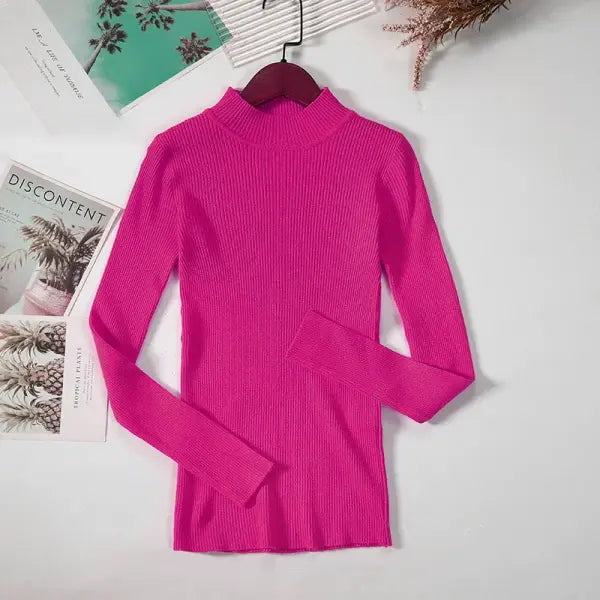 Women’s Turtleneck Knit Sweater – Soft Cashmere Feel Basic Pullover for Autumn & Winter - rose red / One Size