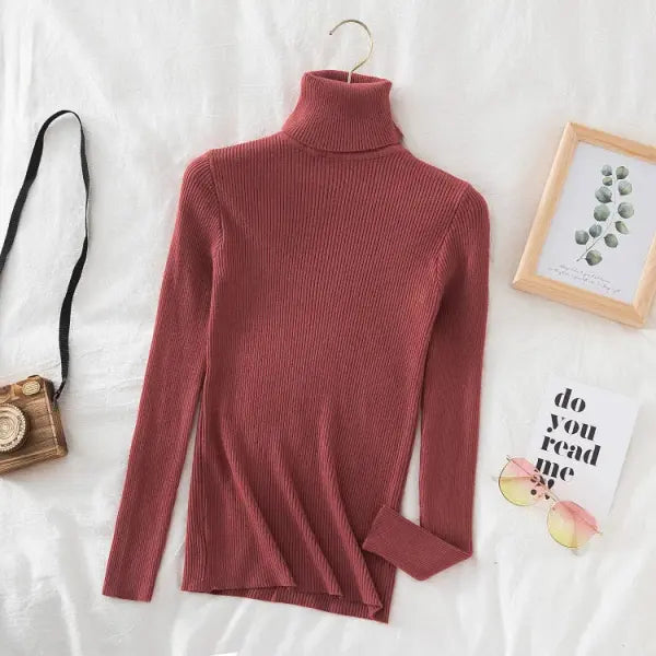Women’s Turtleneck Knit Sweater – Soft Cashmere Feel Basic Pullover for Autumn & Winter - Brick red / One Size