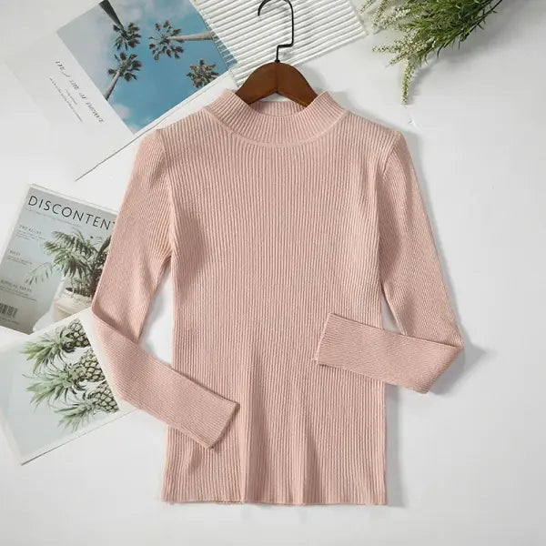 Women’s Turtleneck Knit Sweater – Soft Cashmere Feel Basic Pullover for Autumn & Winter - pink / One Size