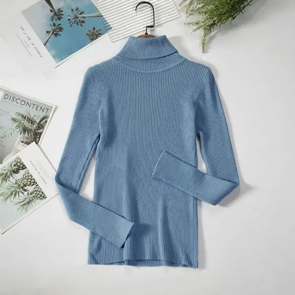 Women’s Turtleneck Knit Sweater – Soft Cashmere Feel Basic Pullover for Autumn & Winter - Sea blue / One Size