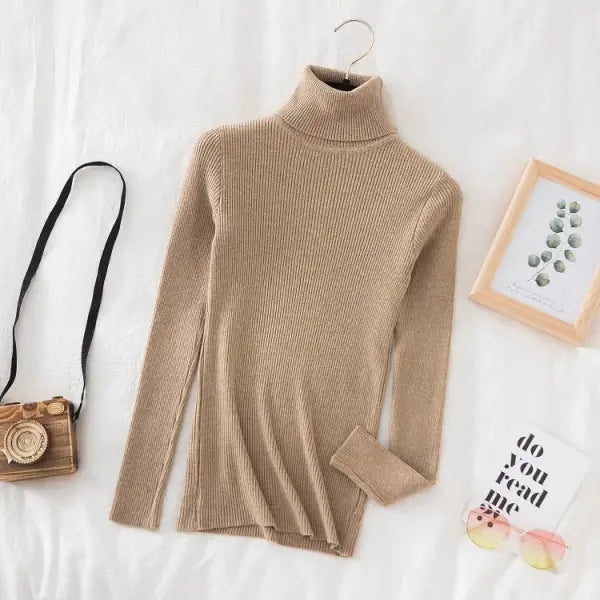 Women’s Turtleneck Knit Sweater – Soft Cashmere Feel Basic Pullover for Autumn & Winter - Khaki / One Size