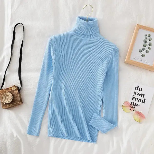 Women’s Turtleneck Knit Sweater – Soft Cashmere Feel Basic Pullover for Autumn & Winter - Sky blue / One Size