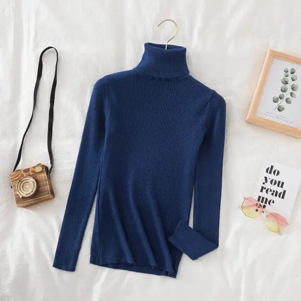 Women’s Turtleneck Knit Sweater – Soft Cashmere Feel Basic Pullover for Autumn & Winter - Navy blue / One Size