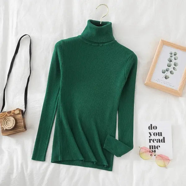 Women’s Turtleneck Knit Sweater – Soft Cashmere Feel Basic Pullover for Autumn & Winter - Green / One Size