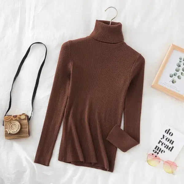 Women’s Turtleneck Knit Sweater – Soft Cashmere Feel Basic Pullover for Autumn & Winter - Brown / One Size