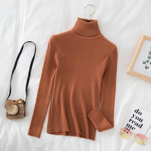 Women’s Turtleneck Knit Sweater – Soft Cashmere Feel Basic Pullover for Autumn & Winter - Caramel / One Size