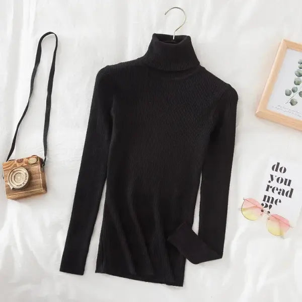 Women’s Turtleneck Knit Sweater – Soft Cashmere Feel Basic Pullover for Autumn & Winter - Black / One Size
