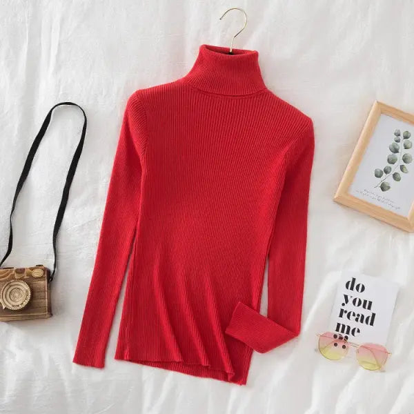 Women’s Turtleneck Knit Sweater – Soft Cashmere Feel Basic Pullover for Autumn & Winter - Red / One Size