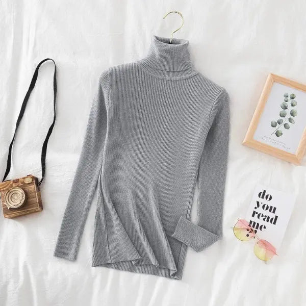 Women’s Turtleneck Knit Sweater – Soft Cashmere Feel Basic Pullover for Autumn & Winter - Grey / One Size