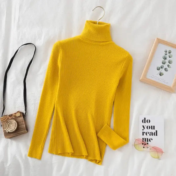 Women’s Turtleneck Knit Sweater – Soft Cashmere Feel Basic Pullover for Autumn & Winter - Yellow / One Size