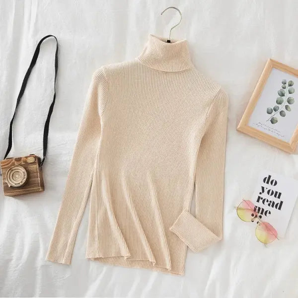 Women’s Turtleneck Knit Sweater – Soft Cashmere Feel Basic Pullover for Autumn & Winter - Beige / One Size