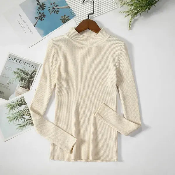 Women’s Turtleneck Knit Sweater – Soft Cashmere Feel Basic Pullover for Autumn & Winter - beige / One Size