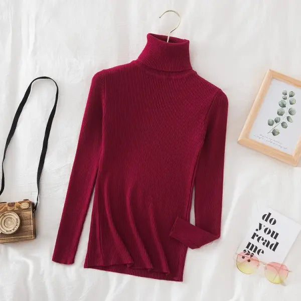 Women’s Turtleneck Knit Sweater – Soft Cashmere Feel Basic Pullover for Autumn & Winter - Burgundy / One Size