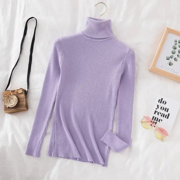 Women’s Turtleneck Knit Sweater – Soft Cashmere Feel Basic Pullover for Autumn & Winter - Purple / One Size