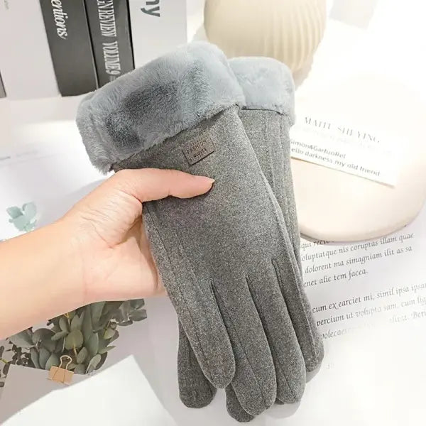 Women’s Winter Plush Gloves – Warm Suede Touchscreen Driving Mittens for Outdoor Sports - gray