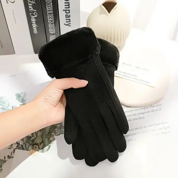 Women’s Winter Plush Gloves – Warm Suede Touchscreen Driving Mittens for Outdoor Sports - black