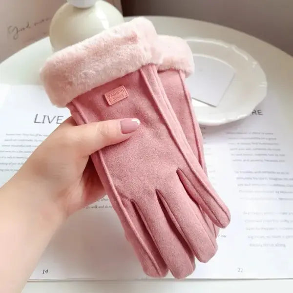Women’s Winter Plush Gloves – Warm Suede Touchscreen Driving Mittens for Outdoor Sports - pink