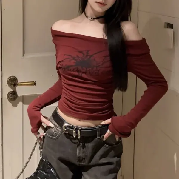 Women Y2K Gothic Fairy Tale Pattern Off Shoulder Grunge Top