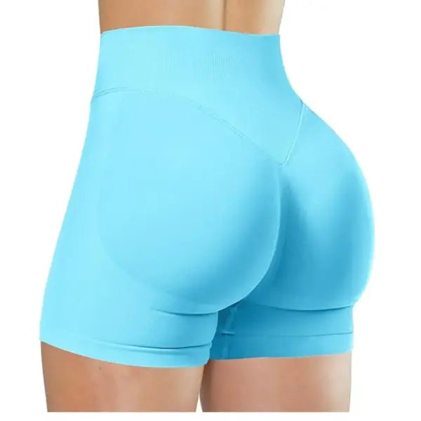 Women Yoga High Waisted 5 Inch Shorts Solid Color Elastic Fitness Tights - Light Blue / S
